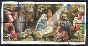 CILE BLOCK DE 10 SELLOS, NAVIDAD 2001, COME NUOVO #E27