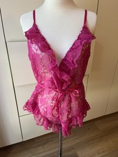 Vintage Val Mode Lingerie Bodysuit Teddy Bright Pink Lace- Medium
