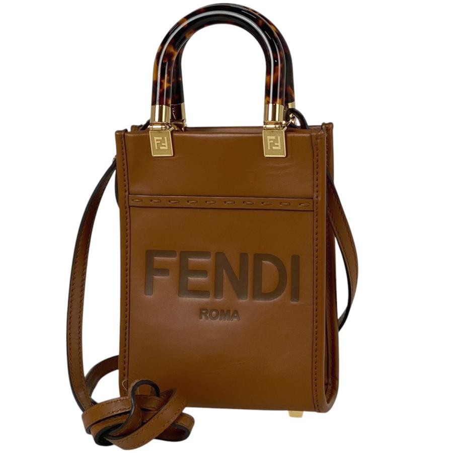 FENDI Sunshine Shopper Mini Handbag 2-Way Shoulder Bag Leather Brown #BS1135