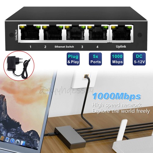 5 Port Gigabit Desktop Netzwerk Switch Ethernet RJ45 LAN Verteiler HUB schwarz