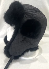 Surell Rabit Fur Womens Winter Bomber Trooper Cap Black #60451 Real Fur SOFT