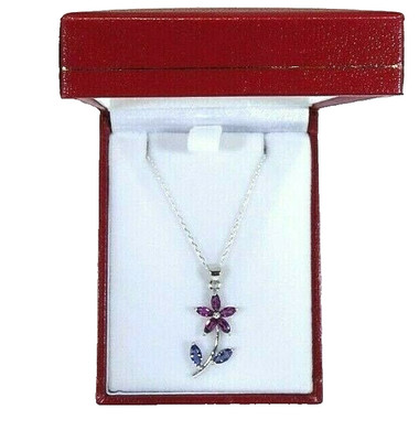 1.14 ct Natural Rhodolite Garnet & Iolite Solid Sterling Silver Flower Necklace