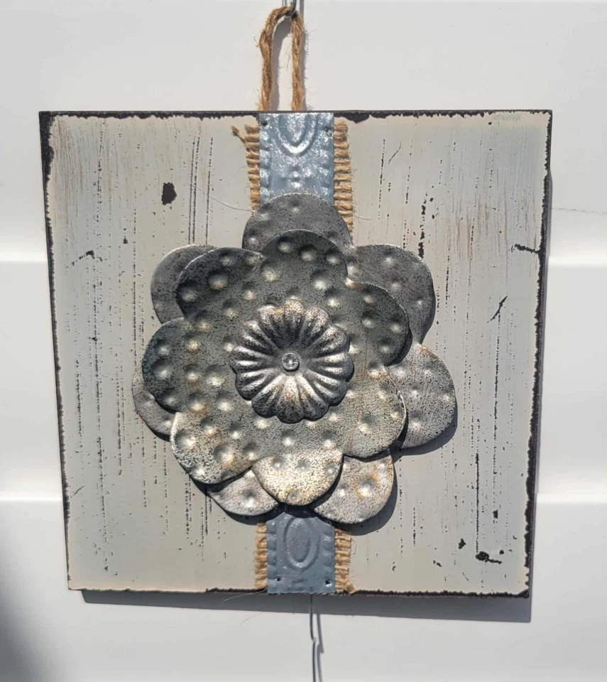Galvanized Dimensional Metal Flower on MDF Board, 2-PC Rustic Floral Wall Decor - Image 3 of 4
