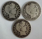 1912 1912 S 1912 D Silver Barber Half Dollar 3-Coin Lot 50c Circulated Coins