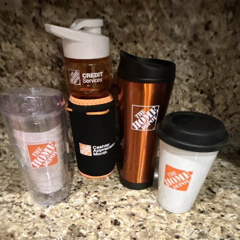 The Home Depot Logo Drinkware Lot Travel Mugs/Tumblers Bottle w/ Sleeve