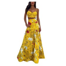 Bohemian Yellow Floral Maxi Sundress Long Sleeveless Beach Summer Dress Size L