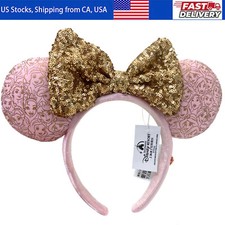 Disney-Parks 2025 Minnie Ears Gift Girl Gold Bow Sequins Aqua Rare Headband