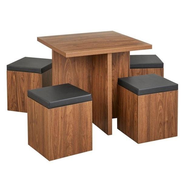 Dining Set Table With 4 Storage Ottomans 5 Piece Dining Set Brown Walnut Finish
