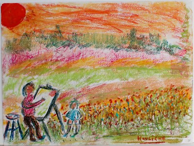 MICHEL KOULICHE 1922-2010 CRAYON PAINTING PAPER SIGNED FRENCH ARTIST W/ GALLERY
