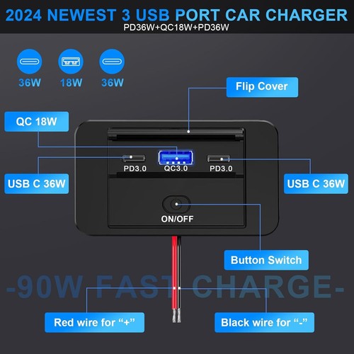 2PCS 3 Ports 12V RV Prise USB 90W, Double PD3.0 Type-C Charge Rapide 72W - Photo 13 sur 31