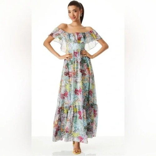 NWT ALICE + OLIVIA X Lola Schnabel Tempie Ruffle Off Shoulder Maxi Dress Size 0 - Picture 5 of 10