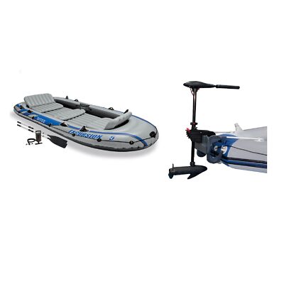  Intex Excursion 5 Inflatable Fishing Boat Set with Transom Mount Trolling Motor