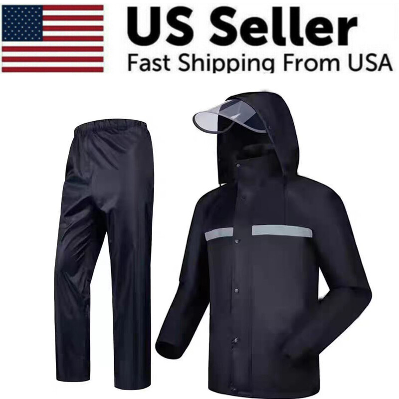 Mens Rain Suits Raincoat Jacket Pants Waterproof Safety Black Hooded US