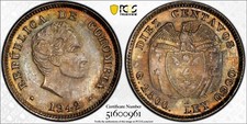 MS64 1942-B Columbia Silver 10 Centavos, PCGS Trueview- Nicely Rainbow Toned