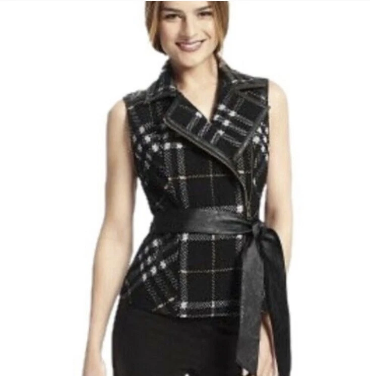 Chaleco Cabi Negro Mezcla de Lana a Cuadros con Borde de Cuero Sintético Talla XS Foto 2 de 4