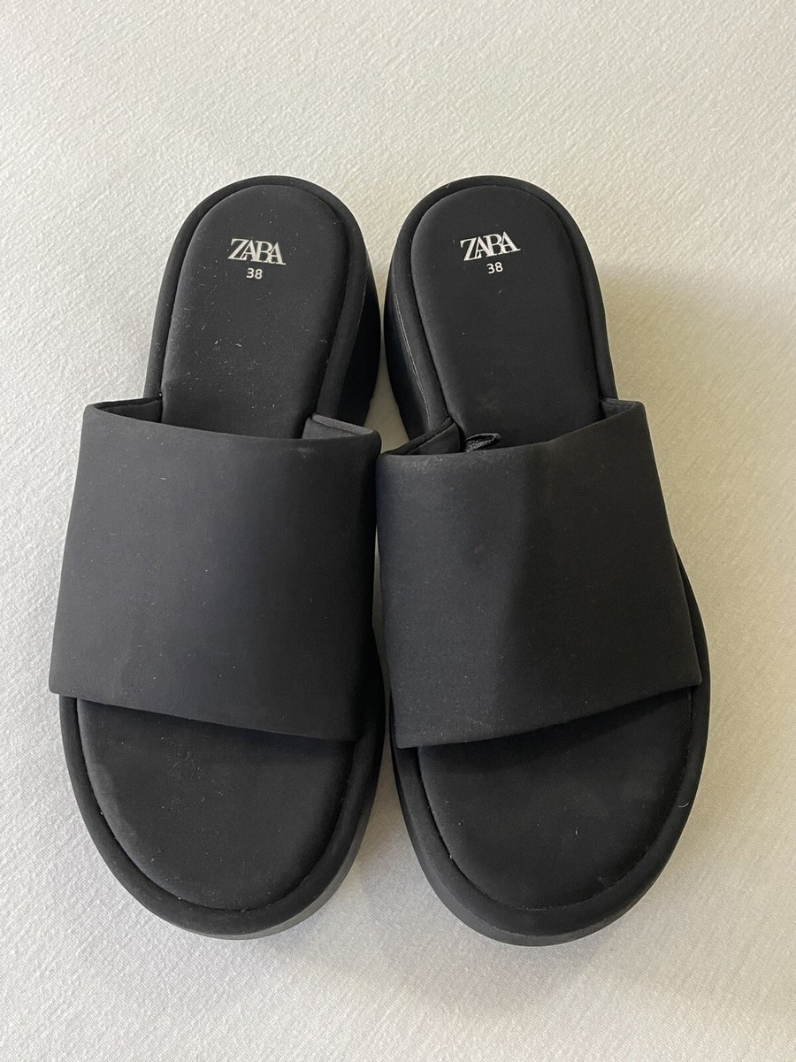ZARA Women Chunky Lug Sole Neoprene Slides Sandals 90s Black SIZE