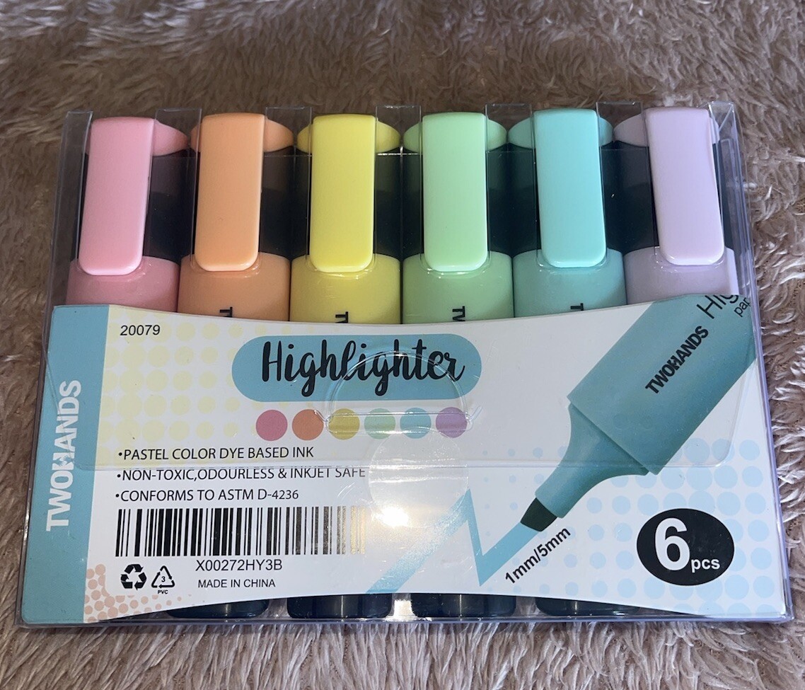 TWOHANDS Highlighters, 6Pastel Colors, Chisel Tip Marker Pen, for Adults & Kids.-image