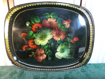 Beautiful Vintage Ileha Large Colorful Flower Designed Metal Serving Tray