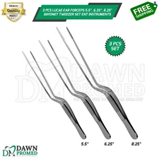 3 Pcs Lucae Ear Forceps 5.5", 6.25", 8.25" Bayonet Tweezer Set ENT Instruments