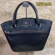 Valentino Garavani Hand Bag Tote Purse Logo Nylon Leather Black Authentic