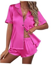 Silk Satin Pajamas Set Short Sleeve Pj Sets Black  White Small Rose Red