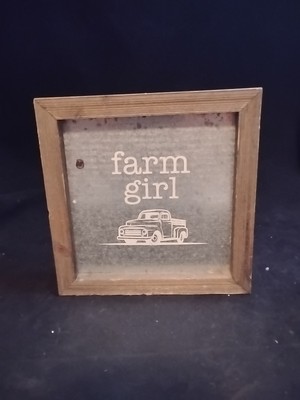  tin plate featuring white painted pick up truck Farm Girl