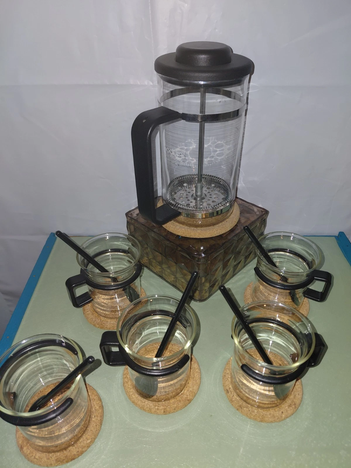 Vintage 80s Bodum Bistro French Press Coffee Maker 4 Cups Sugar W/ Coasters