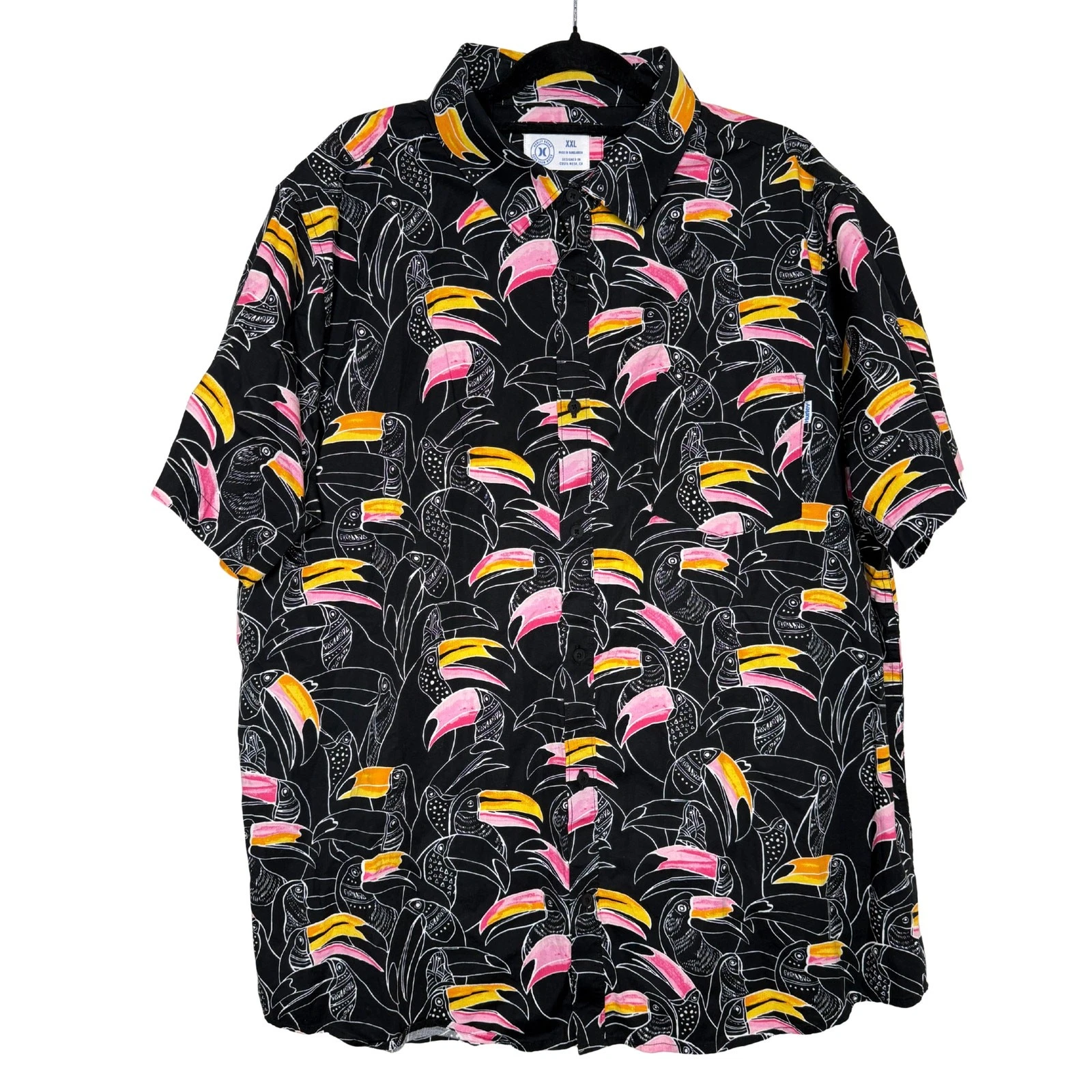 Hurley Short Sleeve Tropical Toucan Print Button-Up Shirt Size XXL Summer Top