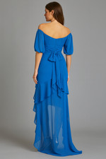 Badgley Mischka Off-Shoulder Ruffle Tiered Gown Blue Prom 799 Bridal Oscar sz 4