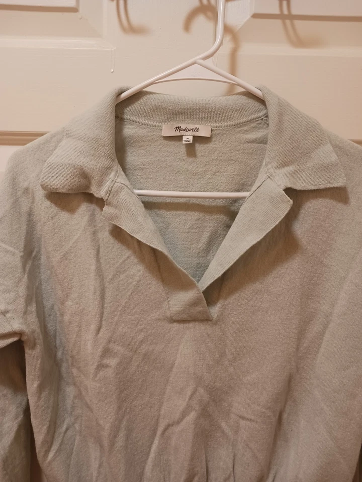 Madewell 100% 美利奴羊毛约翰尼领 Polo 毛衣完好绿色 M Preppy Chic — 第 4/4 张图片