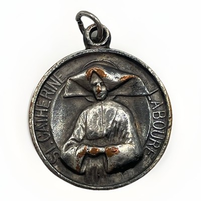 Vintage St Catherine Laboure Catholic Medal Pendant Silver Tone 1