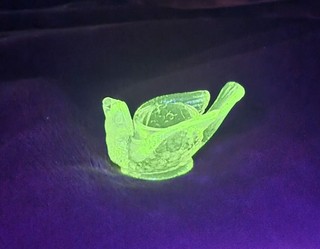 Dehenhart Vintage Uranium Vaseline Glass Open Salt Cellar Dish Bird & Berry
