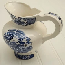 Vintage ARTMARK Japan Blue Transferware Country Scene Creamer Pitcher Vase 5.25"