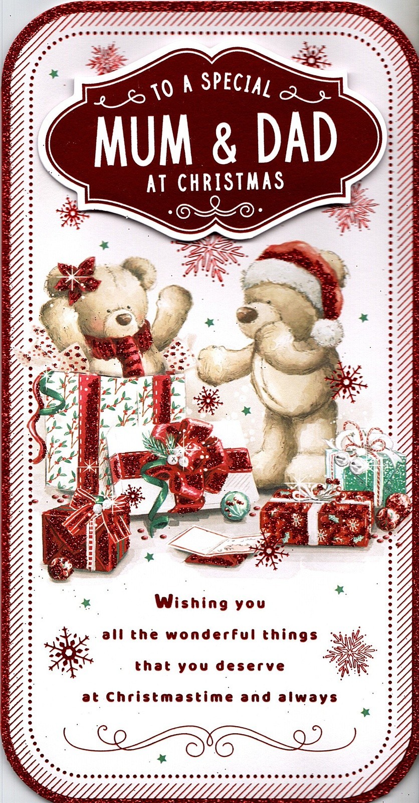 Merry Happy Christmas Card Special Mum and Dad Cute Bears with Gifts Presents