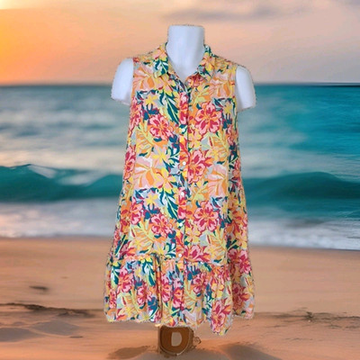 Time And True Dress L Multi Floral Sleeveless Button Up Beachy Boho Resort Wear