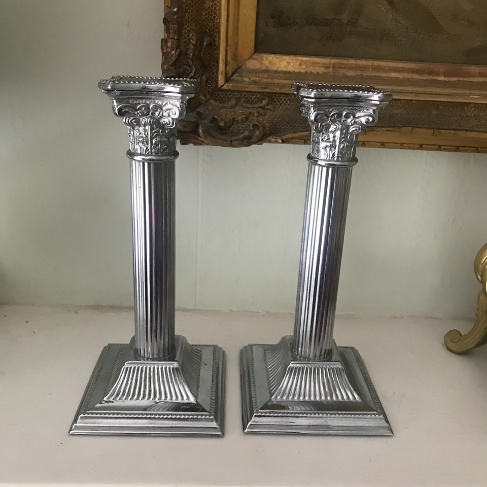 Antique Pair candlesticks Corinthian Column Chrome 1930s Candle holders