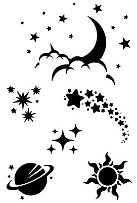 Really Great Stencils, Night Sky 1, 4x6'', Crescent Moon, Saturn, Sun, Night