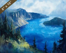 Crater Lake with deep blue water oil painting 8x10 Print