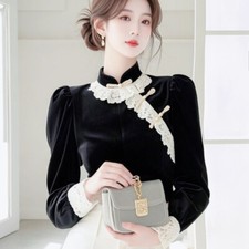 Damen Spitze Samt Hemd Vintage Chinesischer Stil Top Frog Knopf Bluse Puffärmel