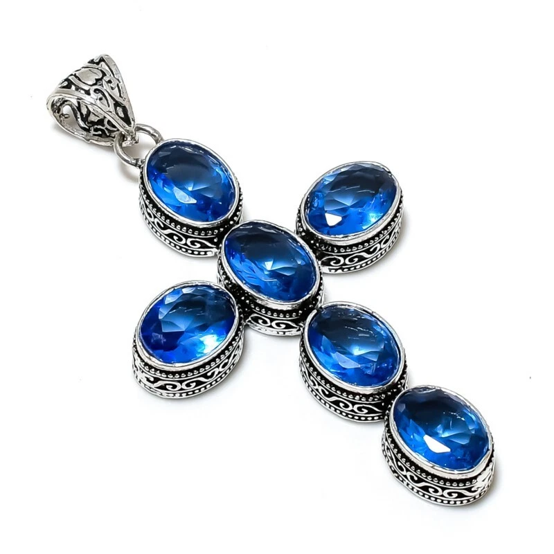925 Sterling Argento London Topazio Blu Gemma Mano Gioielli Pendente a Croce - Immagine 4 di 4