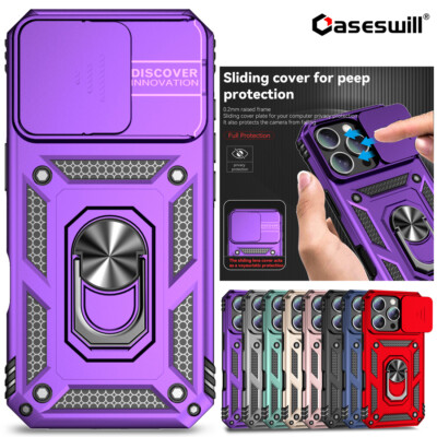 For iPhone 16E 16 15 14 Plus 13 12 Pro Max Case Ring Holder Slide Camera Cover