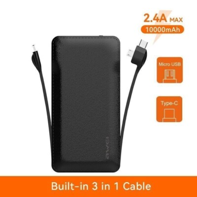 Portable 10000mAh Power Bank Fast Charging With Type-C Micro IOS Cable- BLACK