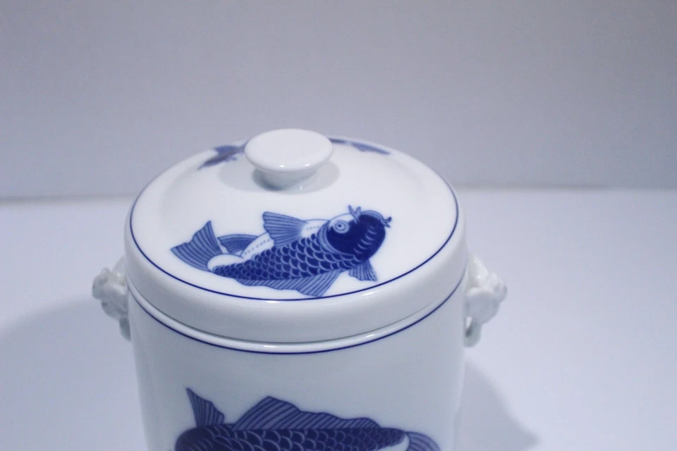 Carrito de té de porcelana de jade blanco chino Cheng’s tarro koi carpa pescado 2 tapas Foto 2 de 4