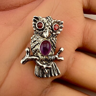 Vintage 925 Sterling Silber Weise Eule Granat & Amethyst Schieber Anhänger (4,8g)