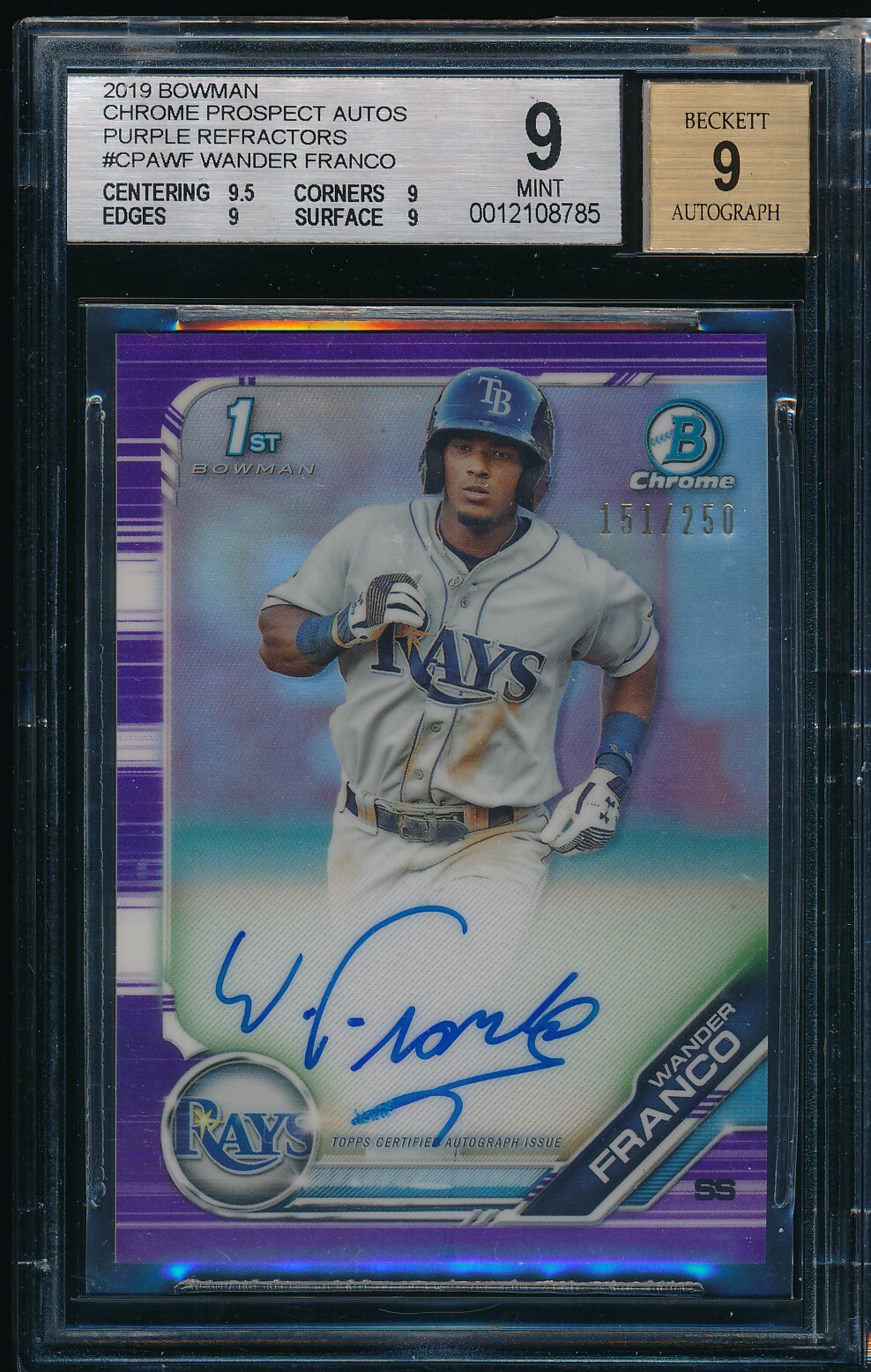 WANDER FRANCO AUTO 2019 Bowman Chrome Autograph PURPLE REFRACTOR /250 BGS 9 MINT