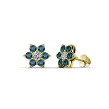 Blue Diamond & White Lab Created Diamond Flower Stud Earrings 14K Gold JP:198383