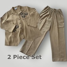 Alfred Dunner Women's 10 Brown Embroidered Florals Long Sleeve Shirt  Pants Set