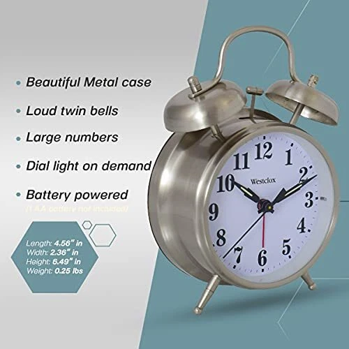 Loud Alarm Clock for Heavy Sleepers Classic Twin Bell Metal Case Backlight - Image 2 of 4