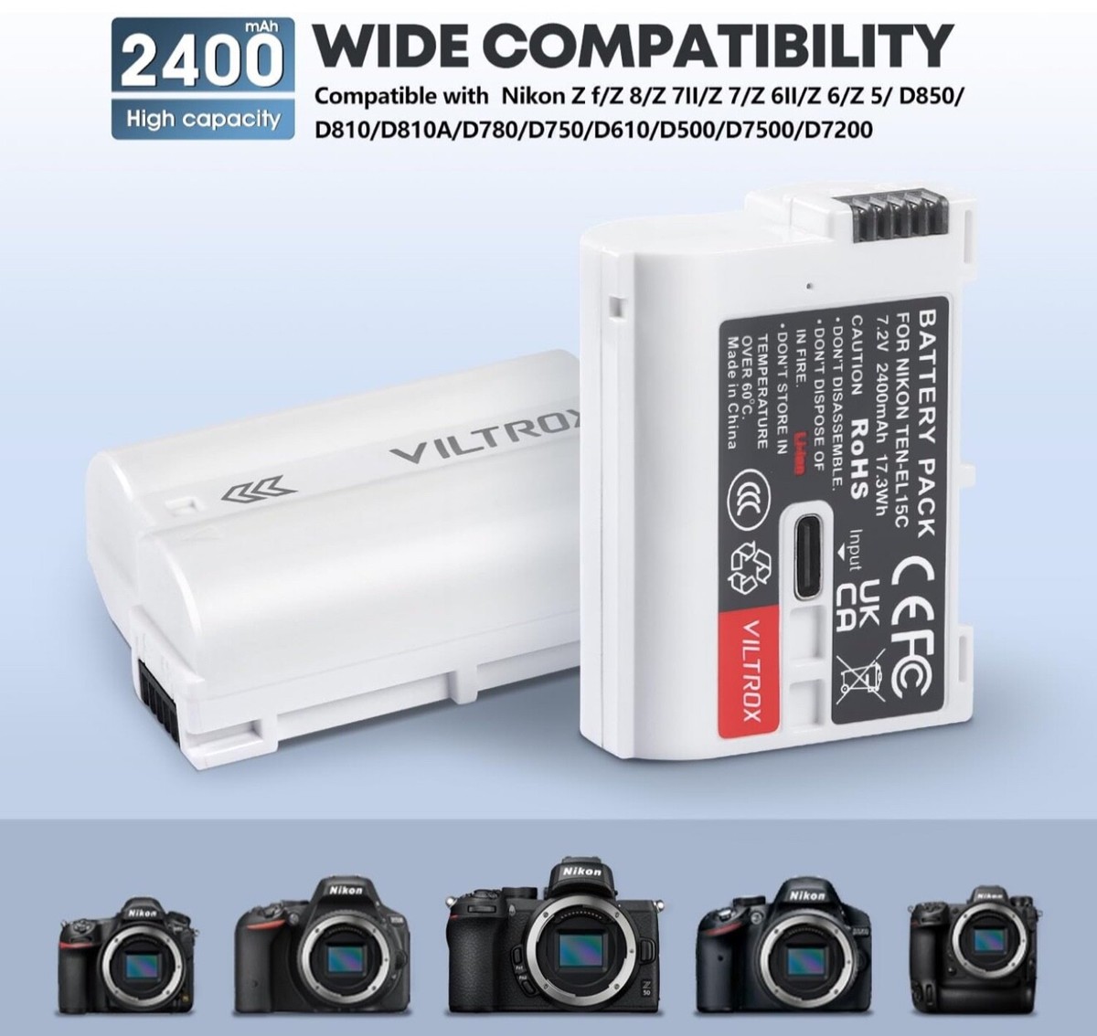 VILTROX EN-EL15c Battery for Nikon Z5 Z6 Z6II Z7 II D850 D810 D750