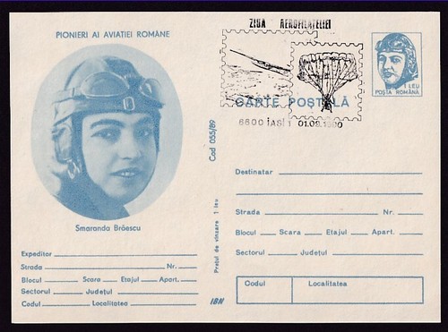 ROMANIA 1L SMARANDA BRAESCU POSTAL CARD AEROPHILATELY DAY CANCELLATION 1990 - 第 1/2 張圖片